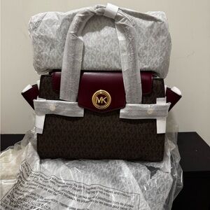 NEW MICHAEL KORS Carmen Small Logo and Leather Belted Satchel burgundy